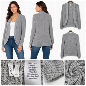 Studio Y Gray Open Front Knit Cardigan Sweater XS Shimmer